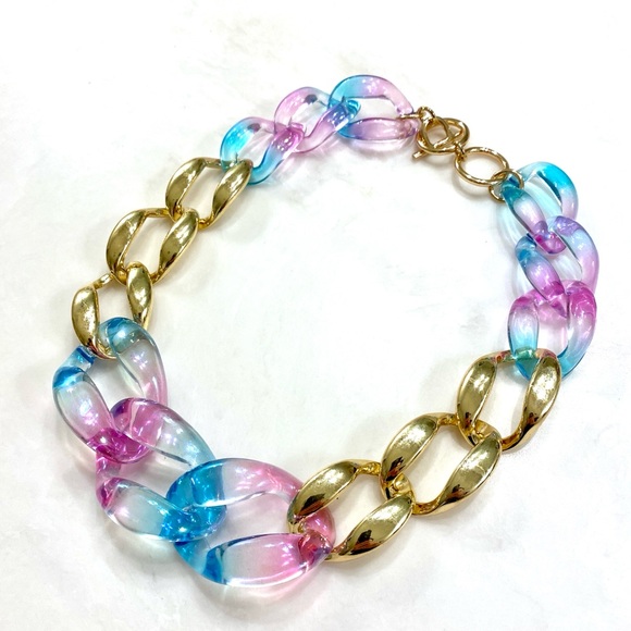 Gold & Pastel Pink Blue Resin Link Necklace - Women Jewelry - Picture 3 of 5
